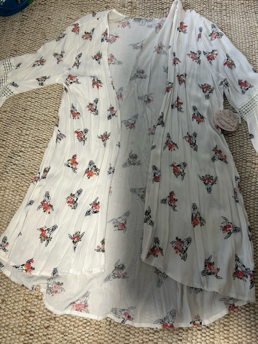 Gypsies & Moondust White Sheer Floral Cow Skull Kimono Coverup